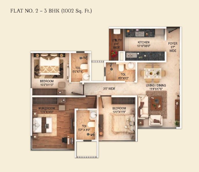 Floor plan of 3 BHK 1002 Sq. Ft. Apartment in Transcon Fortune 500, Mumbai