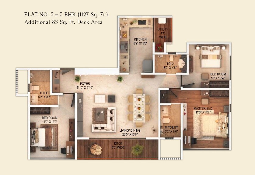Floor plan of 3 BHK 1127 Sq. Ft. Apartment in Transcon Fortune 500, Mumbai