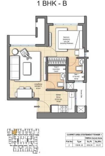 Floor plan of 1 BHK 358 Sq. Ft. Apartment in Transcon Passcode Blink And Miss, Mumbai