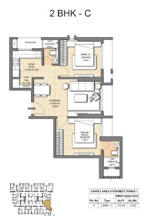 Floor plan of 2 BHK 570 Sq. Ft. Apartment in Transcon Passcode Blink And Miss, Mumbai