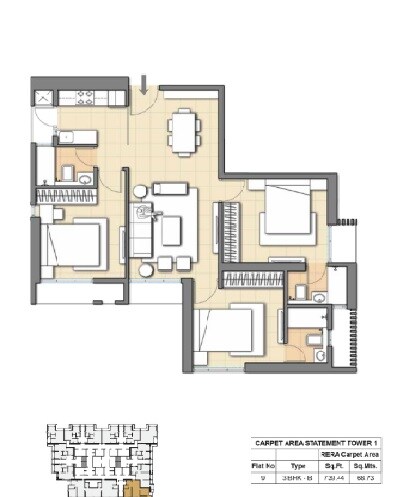 Floor plan of 3 BHK 739 Sq. Ft. Apartment in Transcon Passcode Blink And Miss, Mumbai