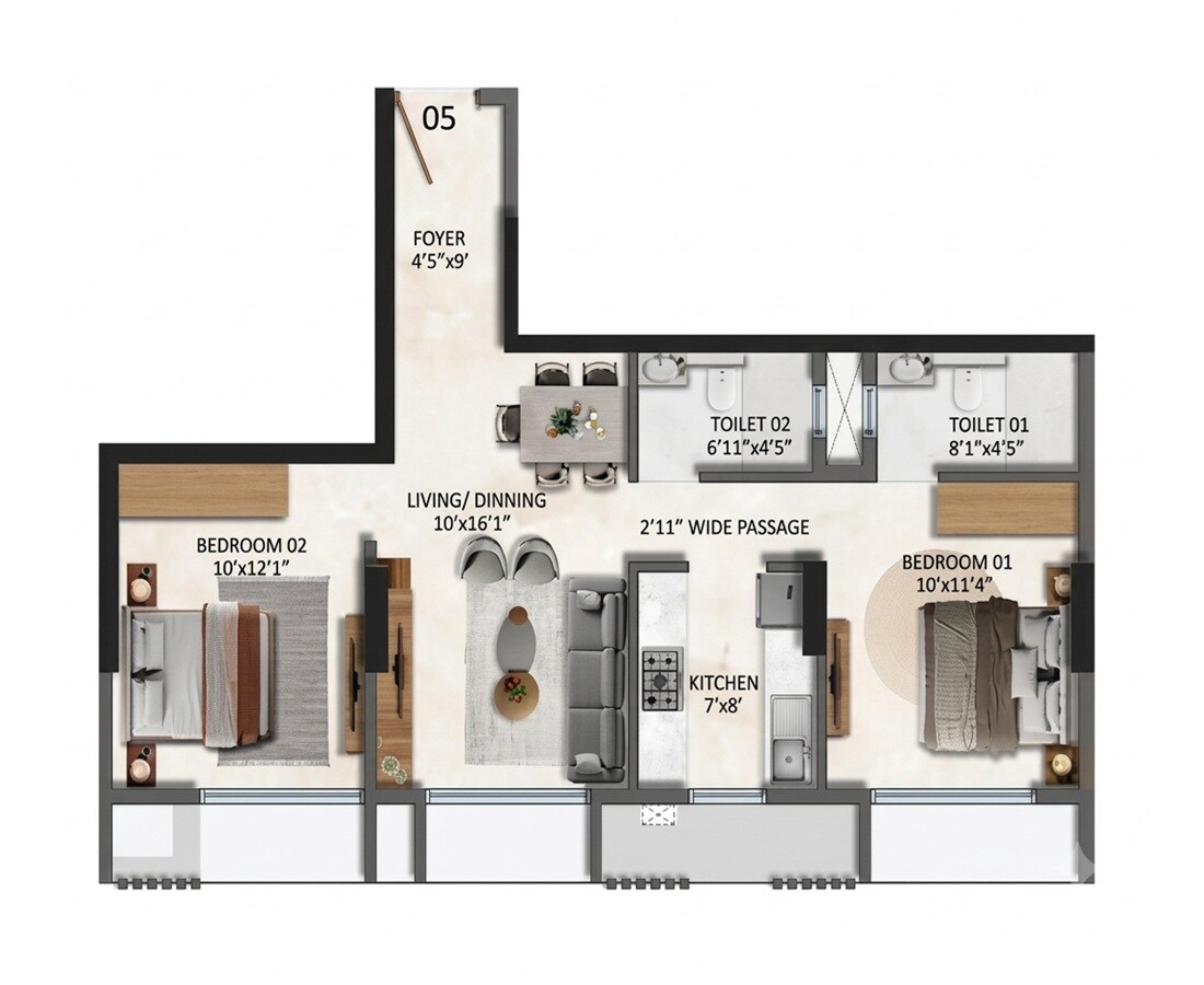 Floor plan of 2 BHK 597 Sq. Ft. Apartment in Transcon Silverbay, Mumbai