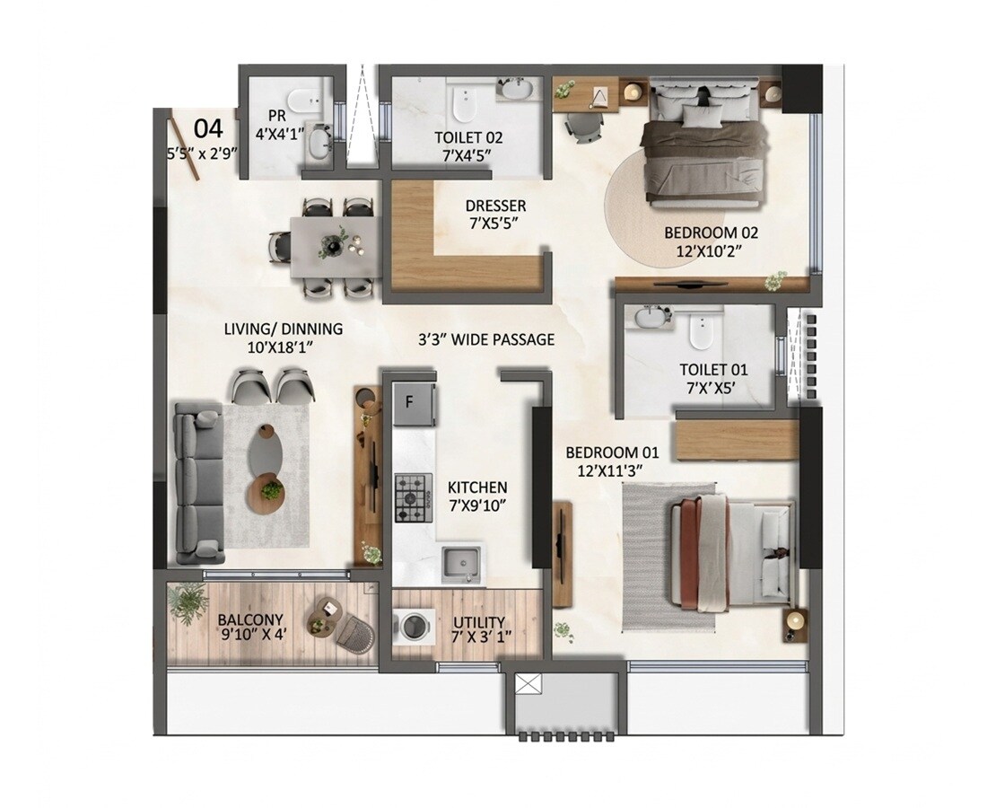 Floor plan of 2 BHK 778 Sq. Ft. Apartment in Transcon Silverbay, Mumbai