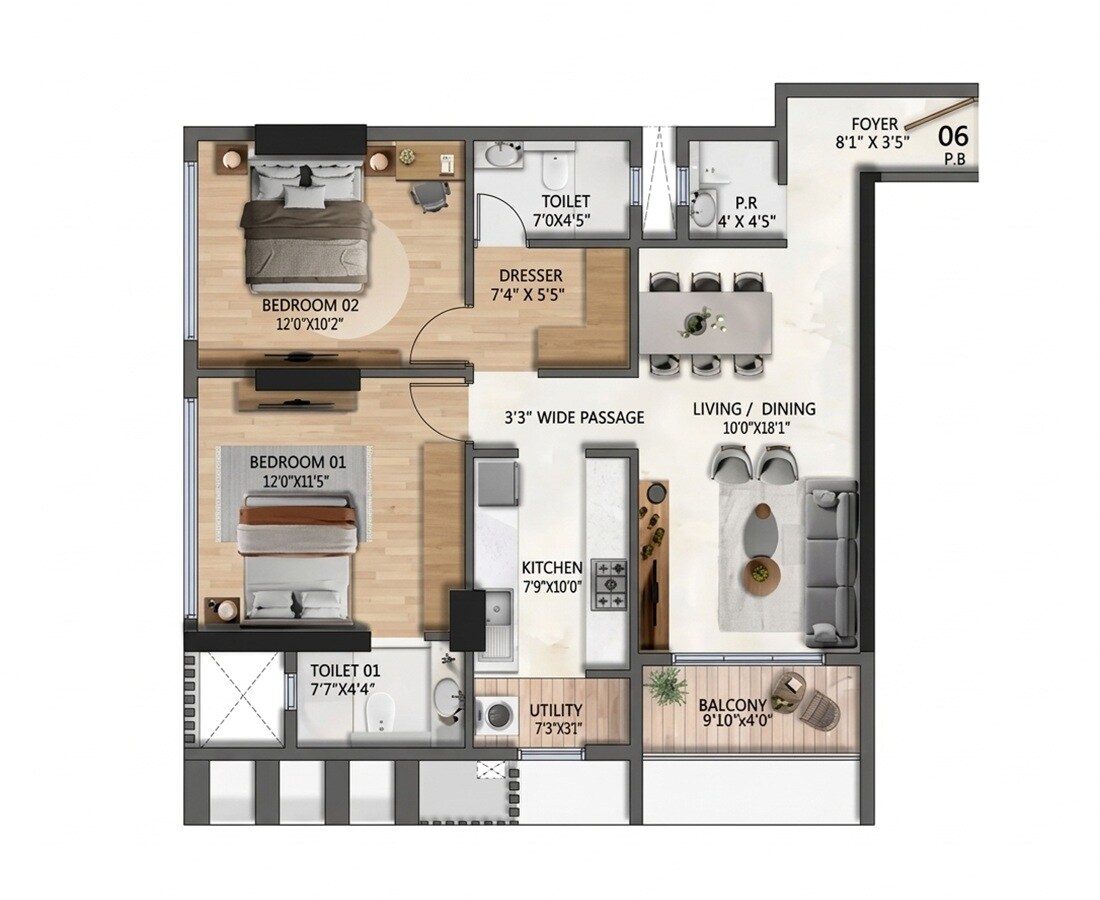 Floor plan of 2 BHK 794 Sq. Ft. Apartment in Transcon Silverbay, Mumbai