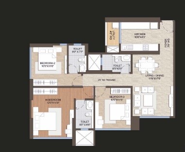 Floor plan of 3 BHK 937 Sq. Ft. Apartment in Transcon Tirumala Belle Vue, Mumbai