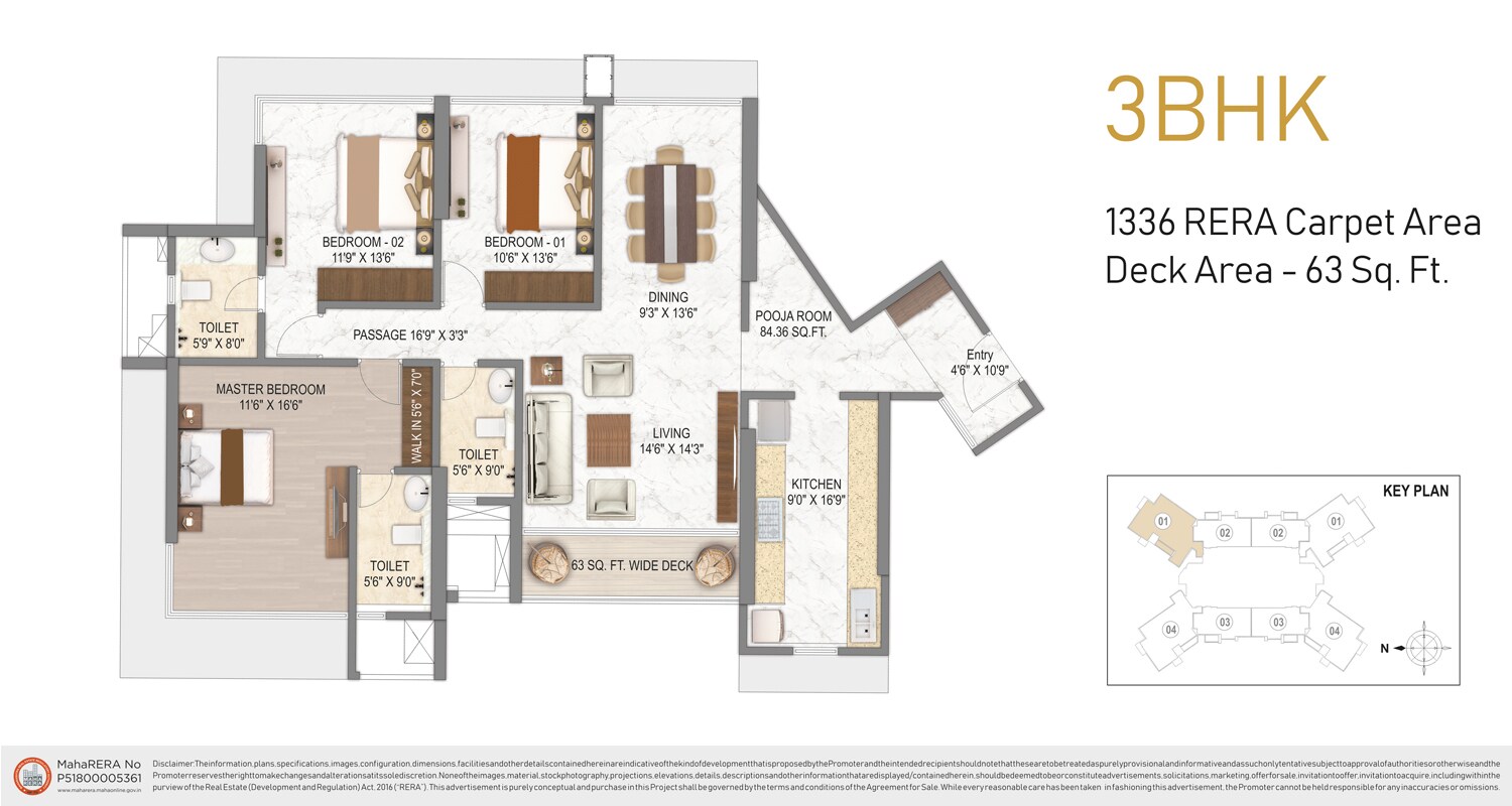Floor plan of 3 BHK 1336 Sq. Ft. Apartment in Transcon Triumph Tower, Mumbai
