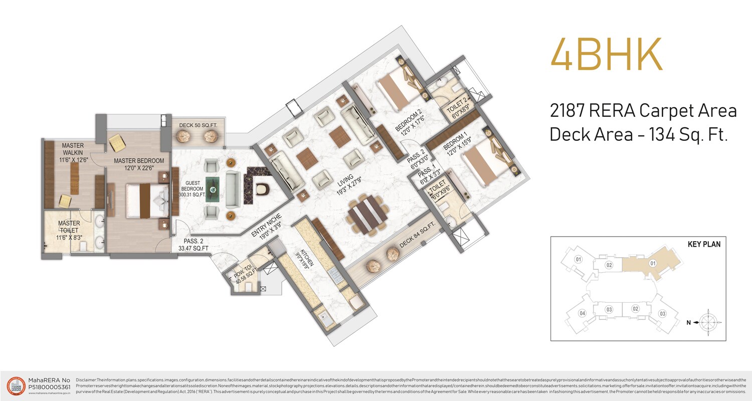 Floor plan of 4 BHK 2187 Sq. Ft. Apartment in Transcon Triumph Tower, Mumbai