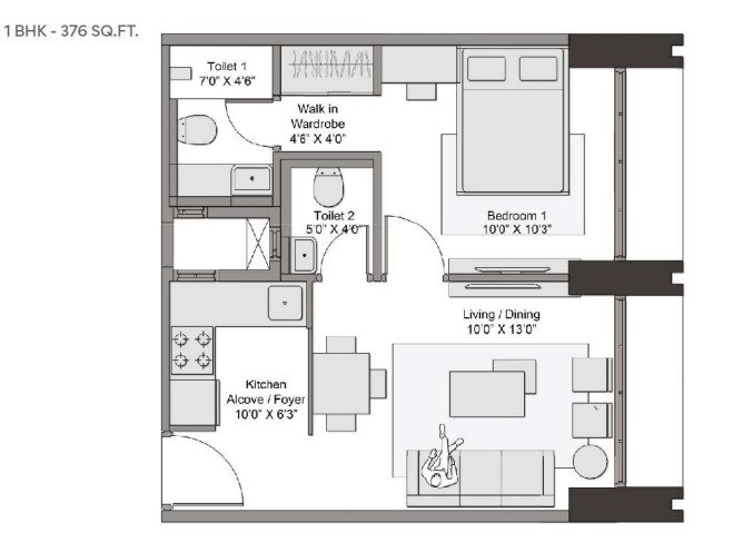 Floor plan of 1 BHK 376 Sq. Ft. Apartment in Transcon Triumph Tower, Mumbai