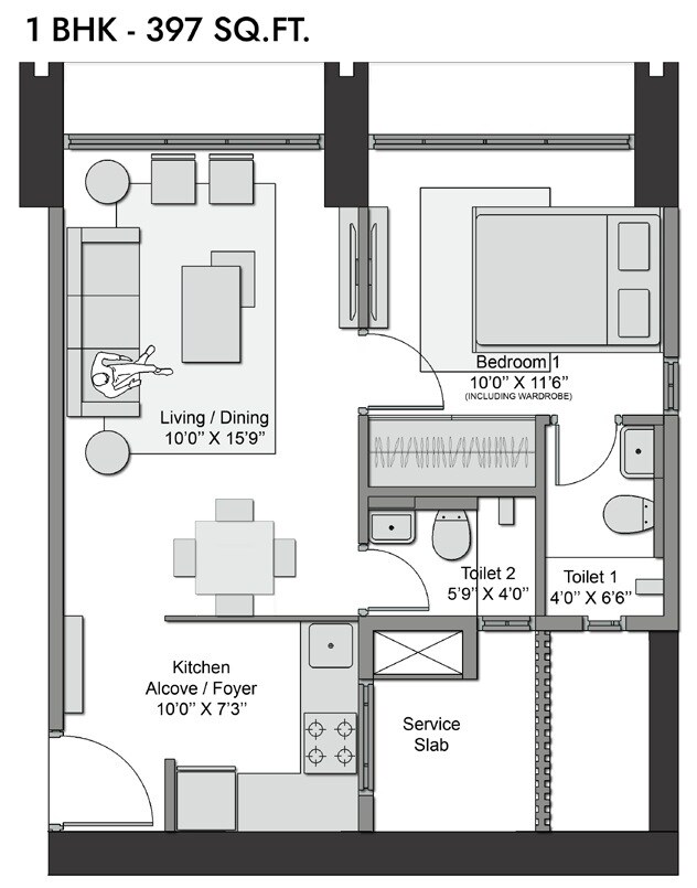Floor plan of 1 BHK 397 Sq. Ft. Apartment in Transcon Triumph Tower, Mumbai