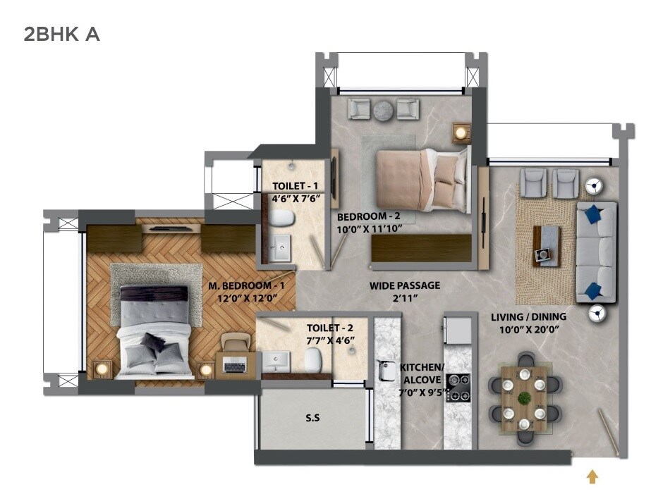 Floor plan of 2 BHK 659 Sq. Ft. Apartment in Transcon Triumph Tower, Mumbai