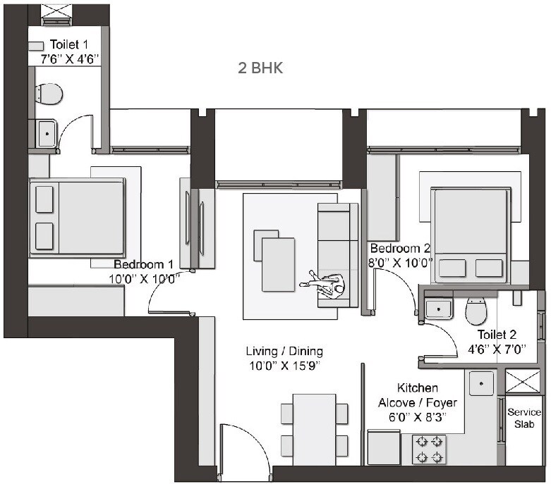 Floor plan of 2 BHK 748 Sq. Ft. Apartment in Transcon Triumph Tower, Mumbai