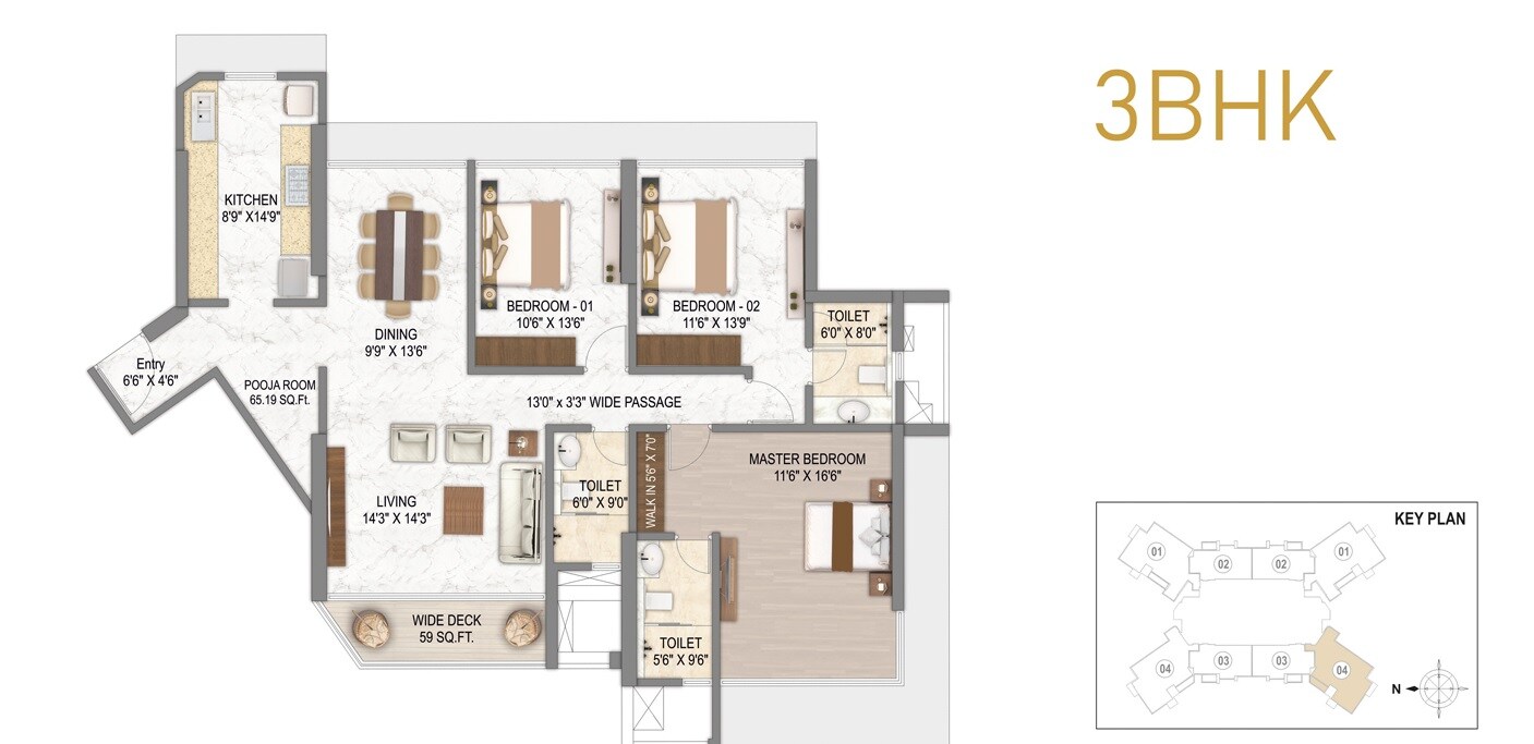 Floor plan of 3 BHK 1031 Sq. Ft. Apartment in Transcon Triumph Tower, Mumbai