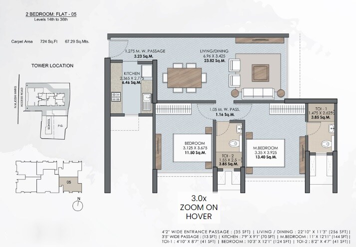 Floor plan of 2 BHK 724 Sq. Ft. Apartment in TREC Plus Art, Mumbai