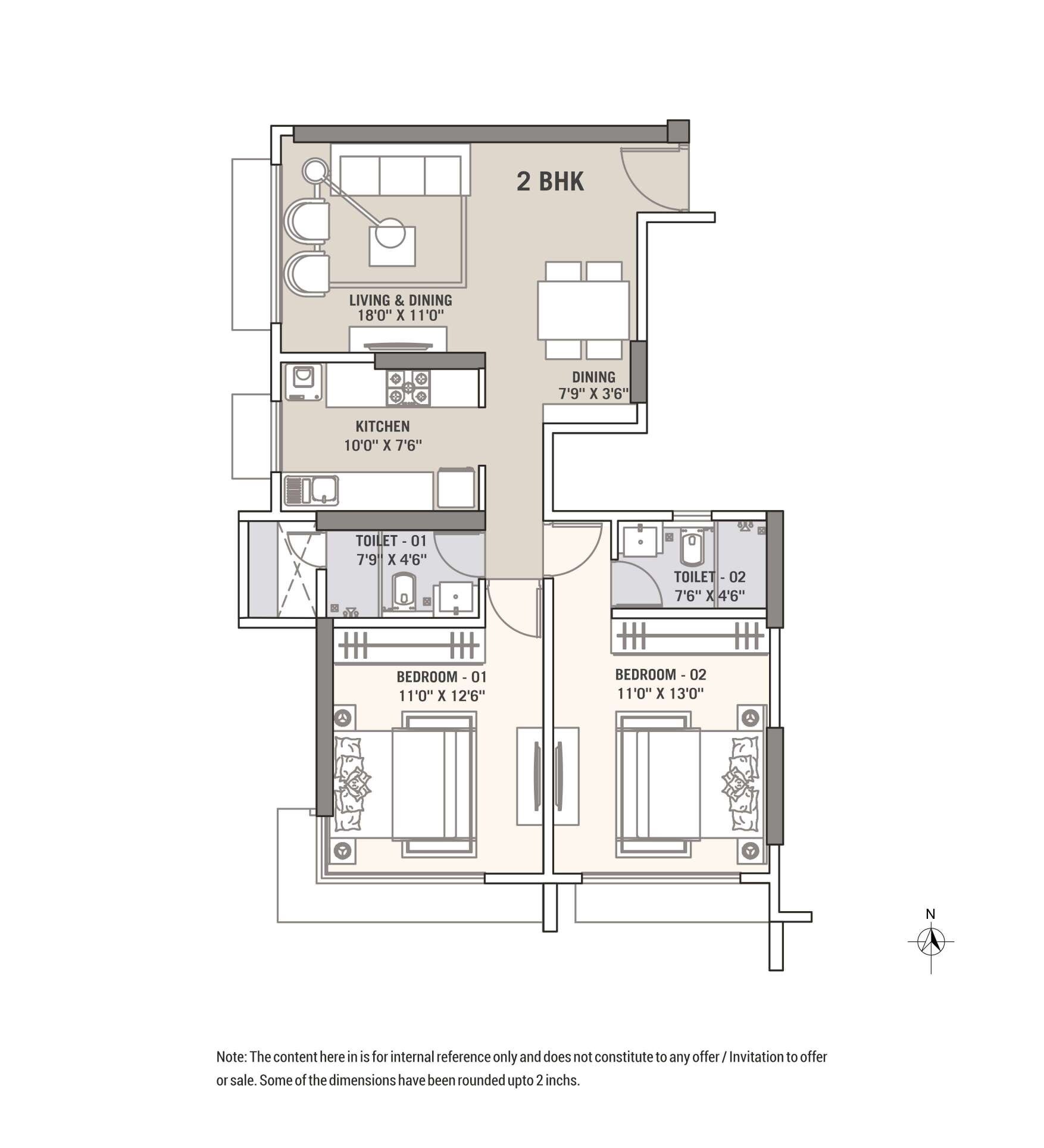 Floor plan of 2 BHK 740 Sq. Ft. Apartment in Tricity Natraj, Mumbai