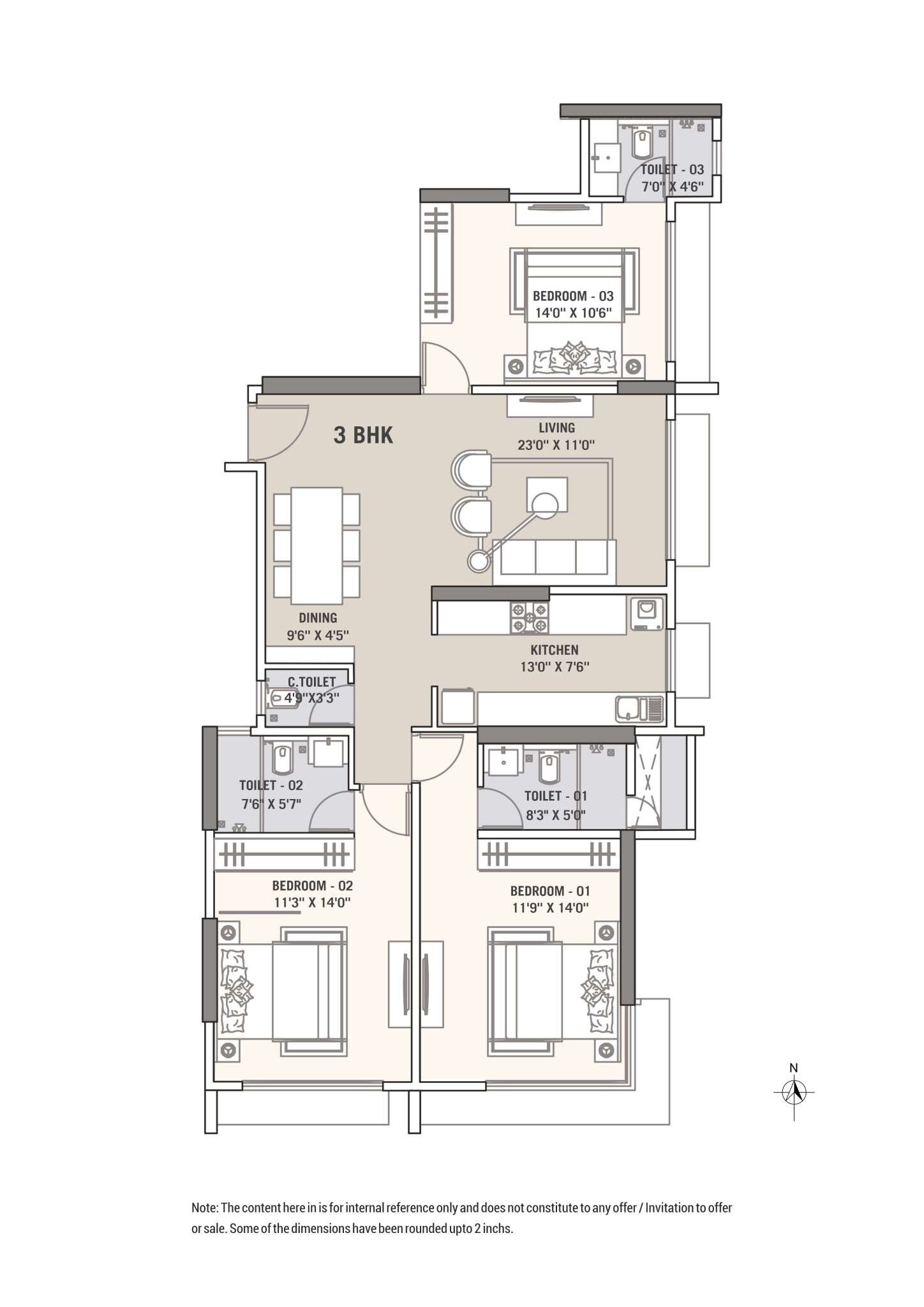 Floor plan of 3 BHK 1108 Sq. Ft. Apartment in Tricity Natraj, Mumbai