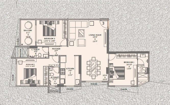 3 BHK 922 Sq. Ft. Apartment