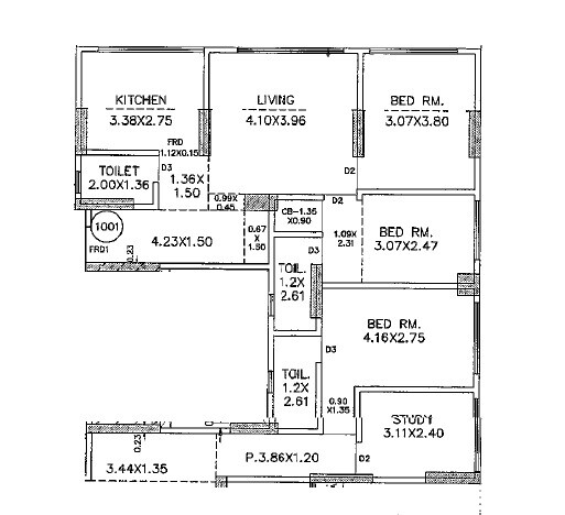 Floor plan of 3 BHK 1106 Sq. Ft. Apartment in Tridev Kuldeep Ishchhaya CHSL, Mumbai