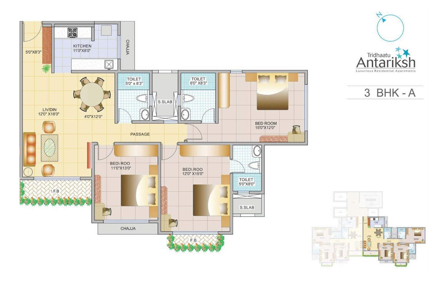 Floor plan of 3 BHK 1135 Sq. Ft. Apartment in Tridhaatu Antariksh, Mumbai