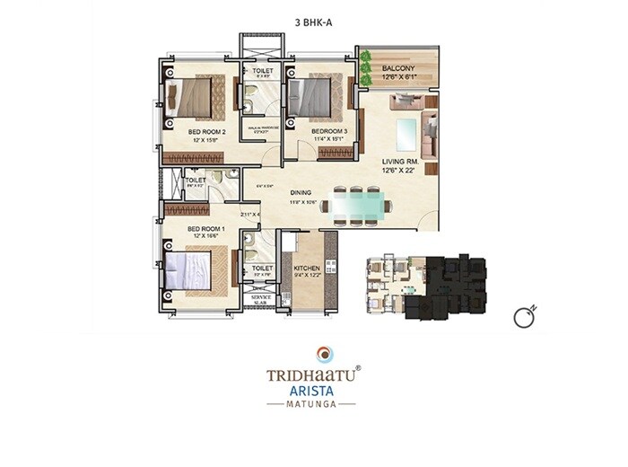Floor plan of 3 BHK 1170 Sq. Ft. Apartment in Tridhaatu Arista, Mumbai