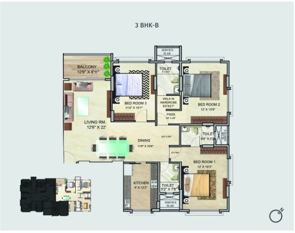 Floor plan of 3 BHK 1352 Sq. Ft. Apartment in Tridhaatu Arista, Mumbai