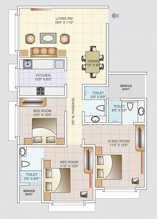 Floor plan of 3 BHK 975 Sq. Ft. Apartment in Tridhaatu Atharva Venkatesh Sadan, Mumbai