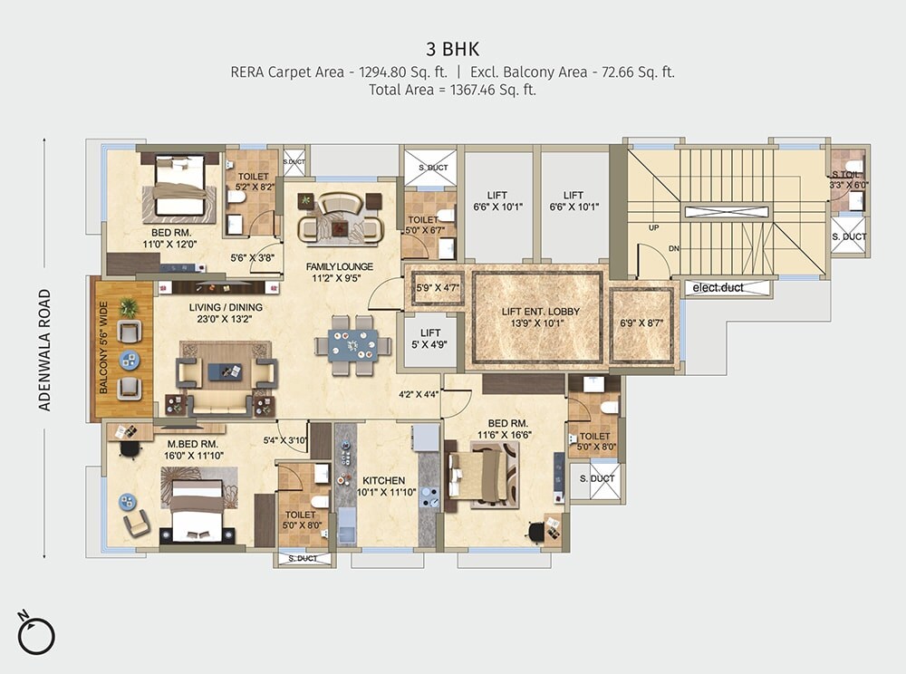 Floor plan of 3 BHK 1294 Sq. Ft. Apartment in Tridhaatu Athena, Mumbai