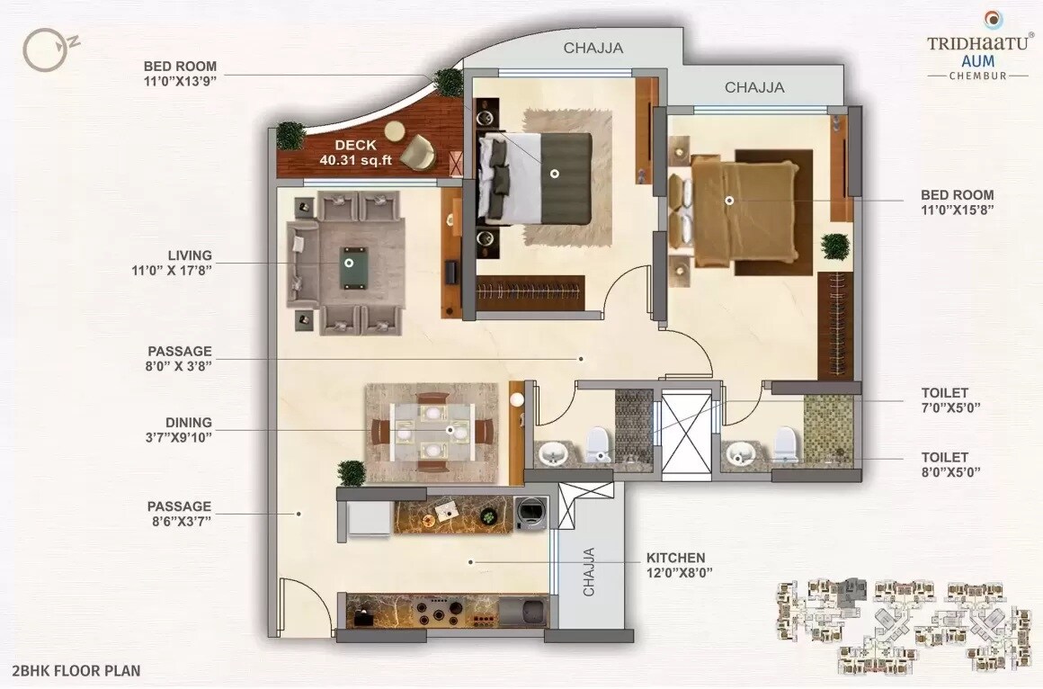 Floor plan of 2 BHK 865 Sq. Ft. Apartment in Tridhaatu Aum, Mumbai