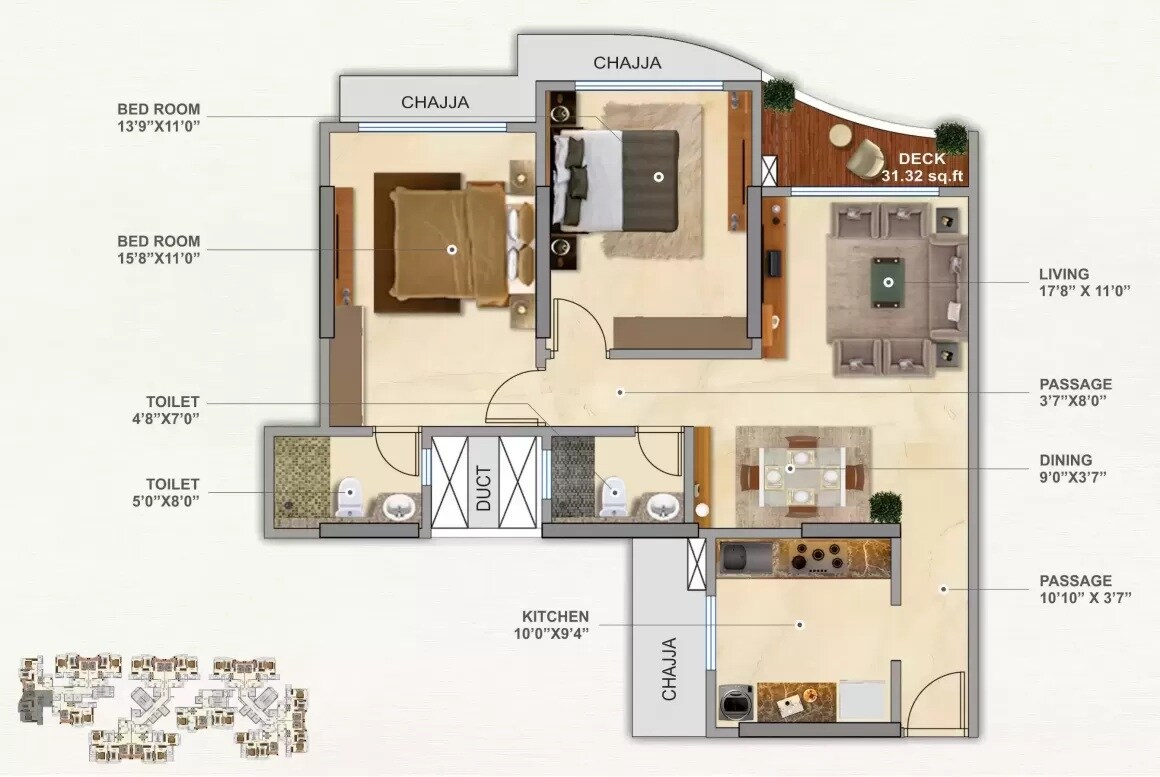 Floor plan of 2 BHK 873 Sq. Ft. Apartment in Tridhaatu Aum, Mumbai