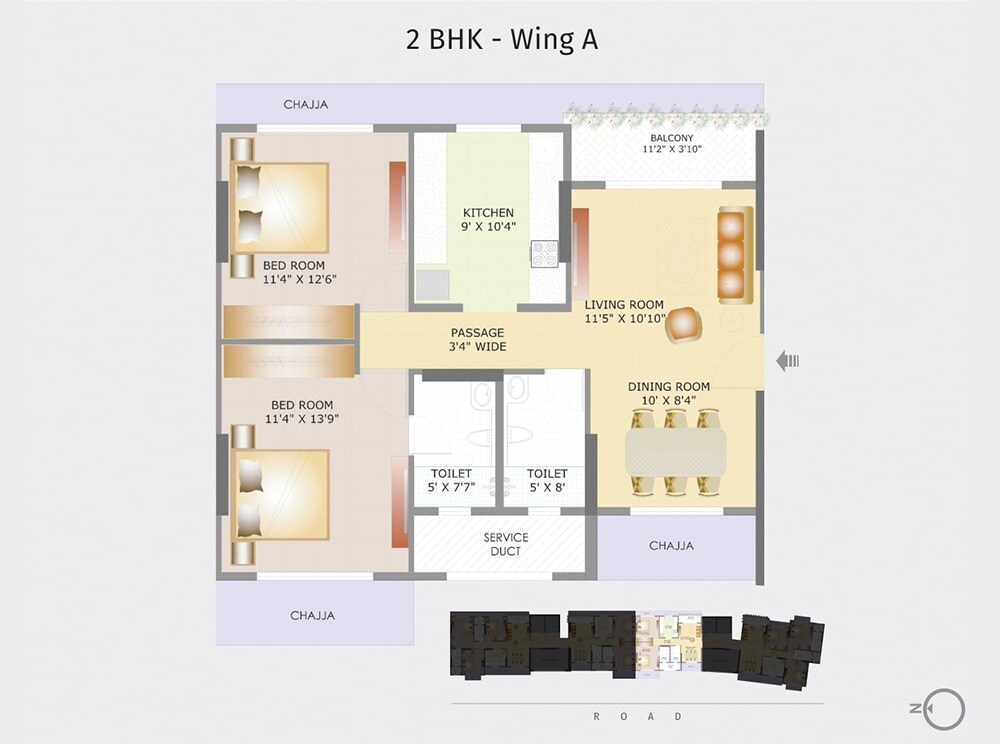 Floor plan of 2 BHK 802 Sq. Ft. Apartment in Tridhaatu Harsh Aangan, Mumbai