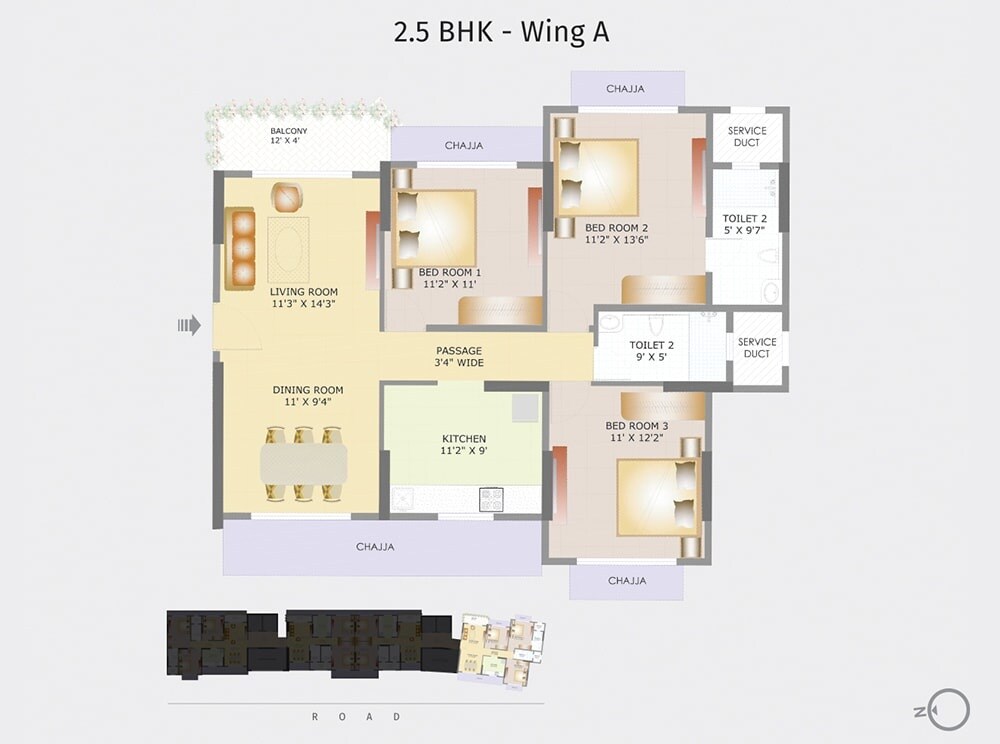 Floor plan of 2 BHK 960 Sq. Ft. Apartment in Tridhaatu Harsh Aangan, Mumbai