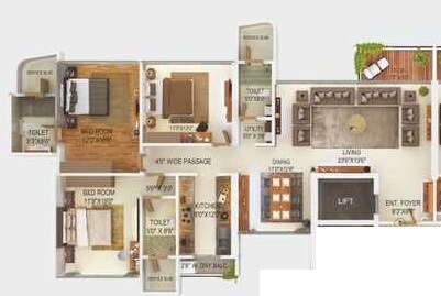 Floor plan of 3 BHK 1108 Sq. Ft. Apartment in Tridhaatu Kshitij, Mumbai