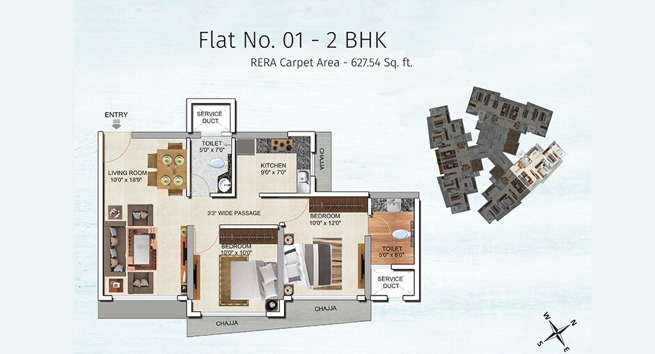 Floor plan of 2 BHK 627 Sq. Ft. Apartment in Tridhaatu Morya, Mumbai