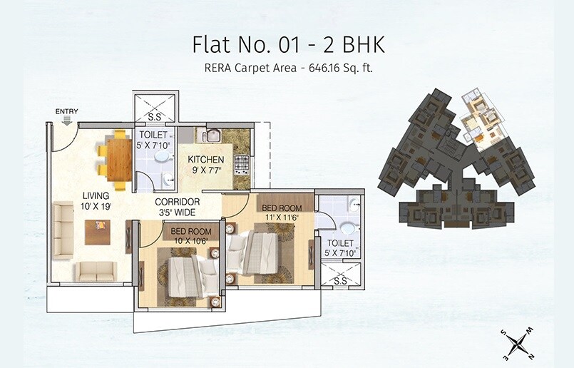 Floor plan of 2 BHK 646 Sq. Ft. Apartment in Tridhaatu Morya, Mumbai