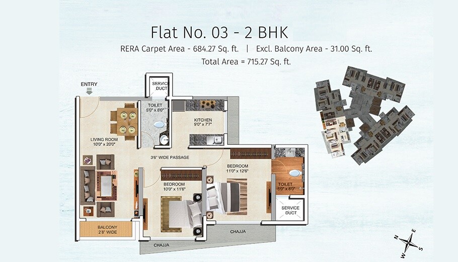 Floor plan of 2 BHK 715 Sq. Ft. Apartment in Tridhaatu Morya, Mumbai