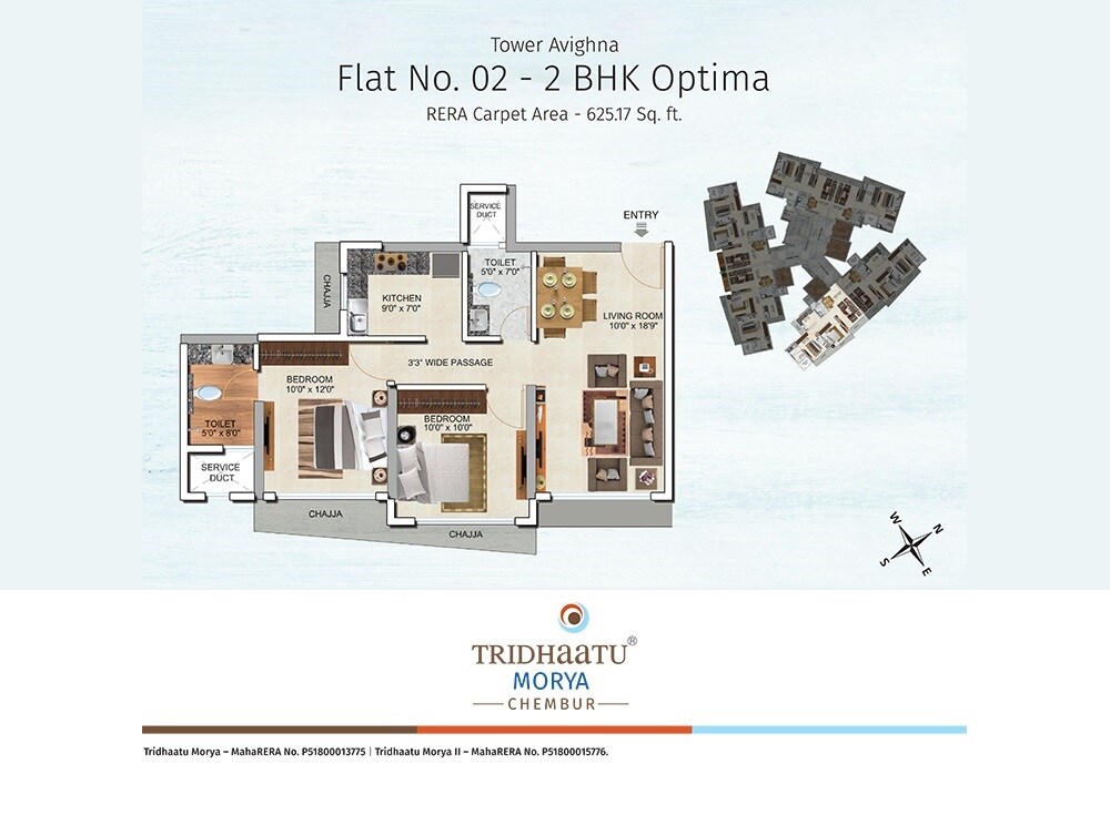Floor plan of 2 BHK 625 Sq. Ft. Apartment in Tridhaatu Morya Phase 2, Mumbai