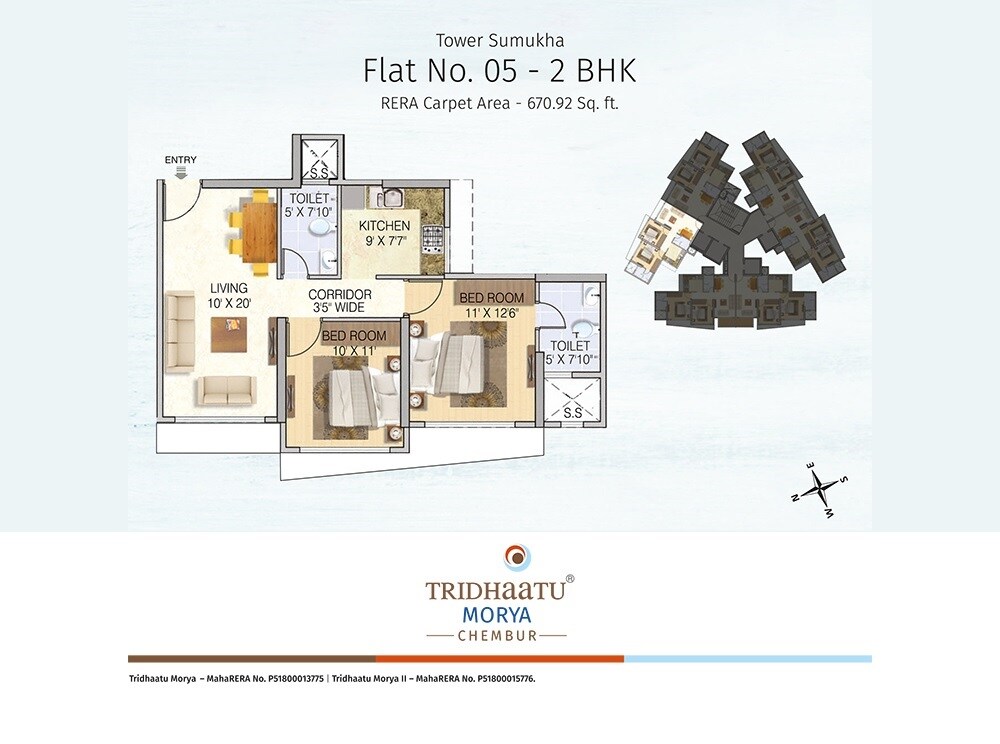 Floor plan of 2 BHK 670 Sq. Ft. Apartment in Tridhaatu Morya Phase 2, Mumbai