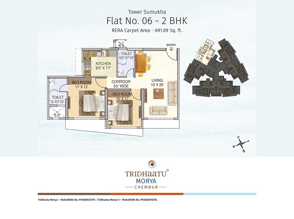 Floor plan of 2 BHK 692 Sq. Ft. Apartment in Tridhaatu Morya Phase 2, Mumbai