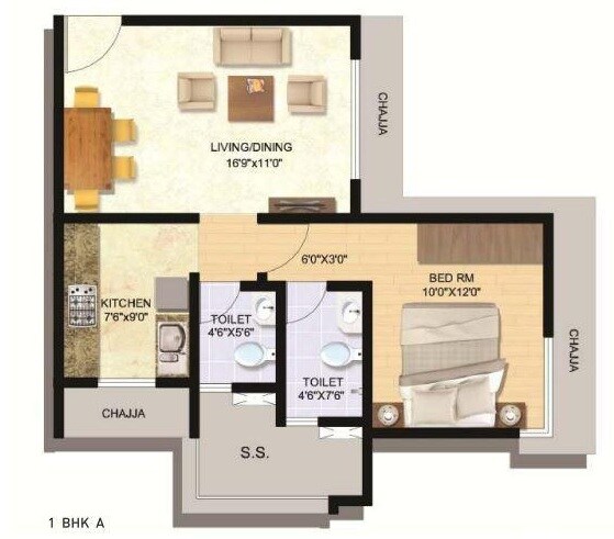 Floor plan of 1 BHK 483 Sq. Ft. Apartment in Tridhaatu Prarambh, Mumbai
