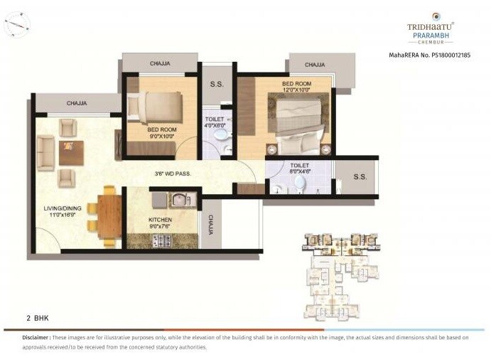 Floor plan of 2 BHK 628 Sq. Ft. Apartment in Tridhaatu Prarambh, Mumbai
