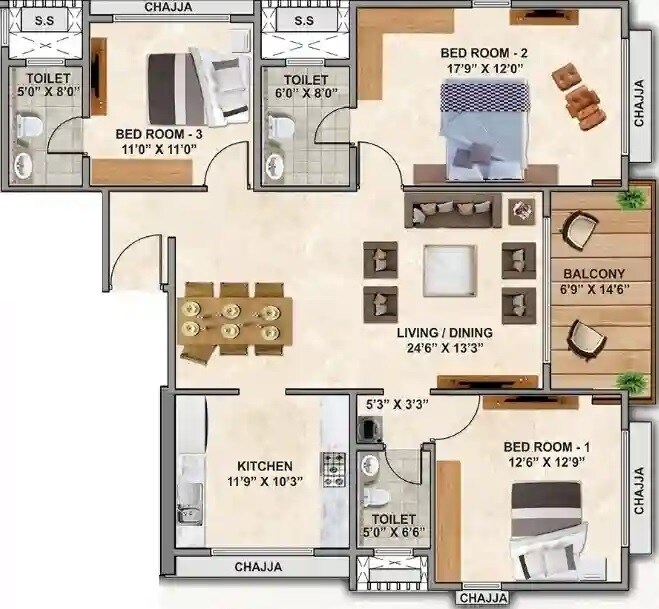 Floor plan of 3 BHK 1071 Sq. Ft. Apartment in Tridhaatu Shanti Kunj, Mumbai