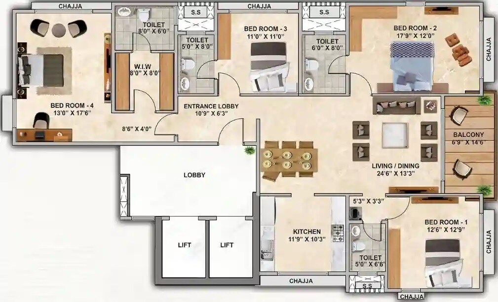 Floor plan of 4 BHK 1452 Sq. Ft. Apartment in Tridhaatu Shanti Kunj, Mumbai