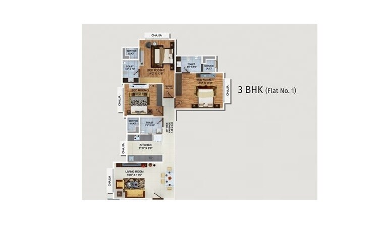 Floor plan of 3 BHK 858 Sq. Ft. Apartment in Tridhaatu Shobha Aayu, Mumbai
