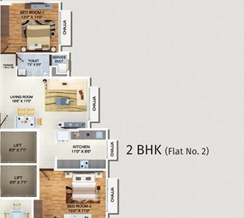 Floor plan of 2 BHK 783 Sq. Ft. Apartment in Tridhatu Shobha Aayu, Mumbai