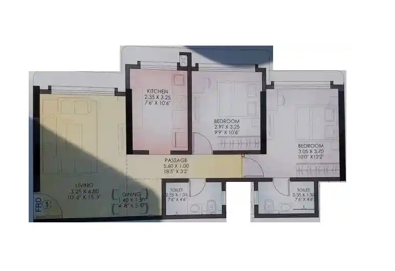 Floor plan of 2 BHK 865 Sq. Ft. Apartment in Trinetra T Square, Mumbai
