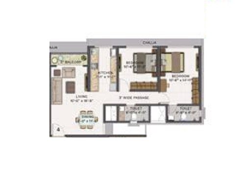 Floor plan of 2 BHK 688 Sq. Ft. Apartment in Trishabh Greens, Mumbai