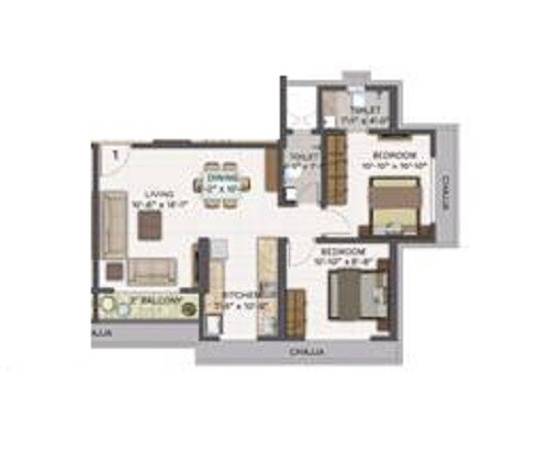 Floor plan of 2 BHK 786 Sq. Ft. Apartment in Trishabh Greens, Mumbai