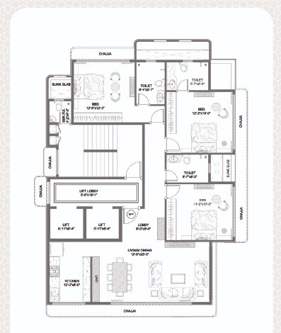 Floor plan of 3 BHK 995 Sq. Ft. Apartment in Trishabh Signet, Mumbai