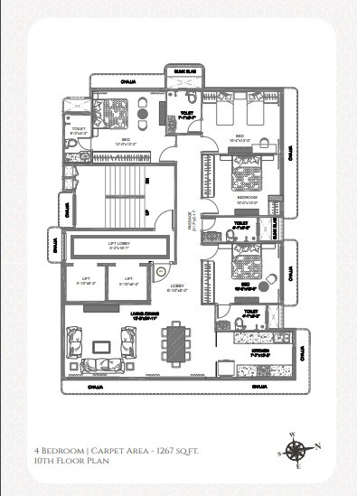 Floor plan of 4 BHK 1355 Sq. Ft. Apartment in Trishabh Signet, Mumbai