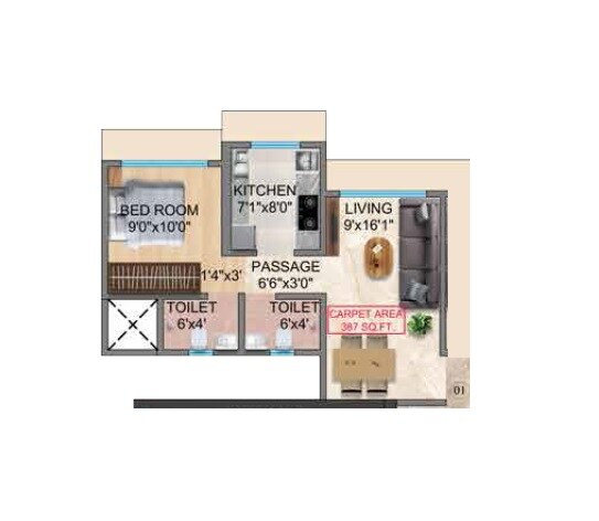 Floor plan of 1 BHK 387 Sq. Ft. Apartment in Trishika Skye 175, Mumbai