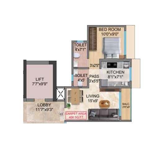 Floor plan of 1 BHK 408 Sq. Ft. Apartment in Trishika Skye 175, Mumbai